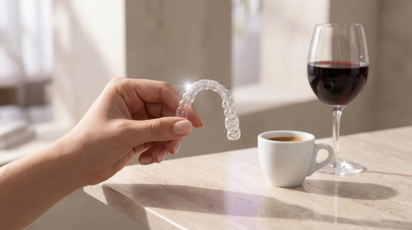 Alineadores Smartee junto a café y vino, sin pigmentarse